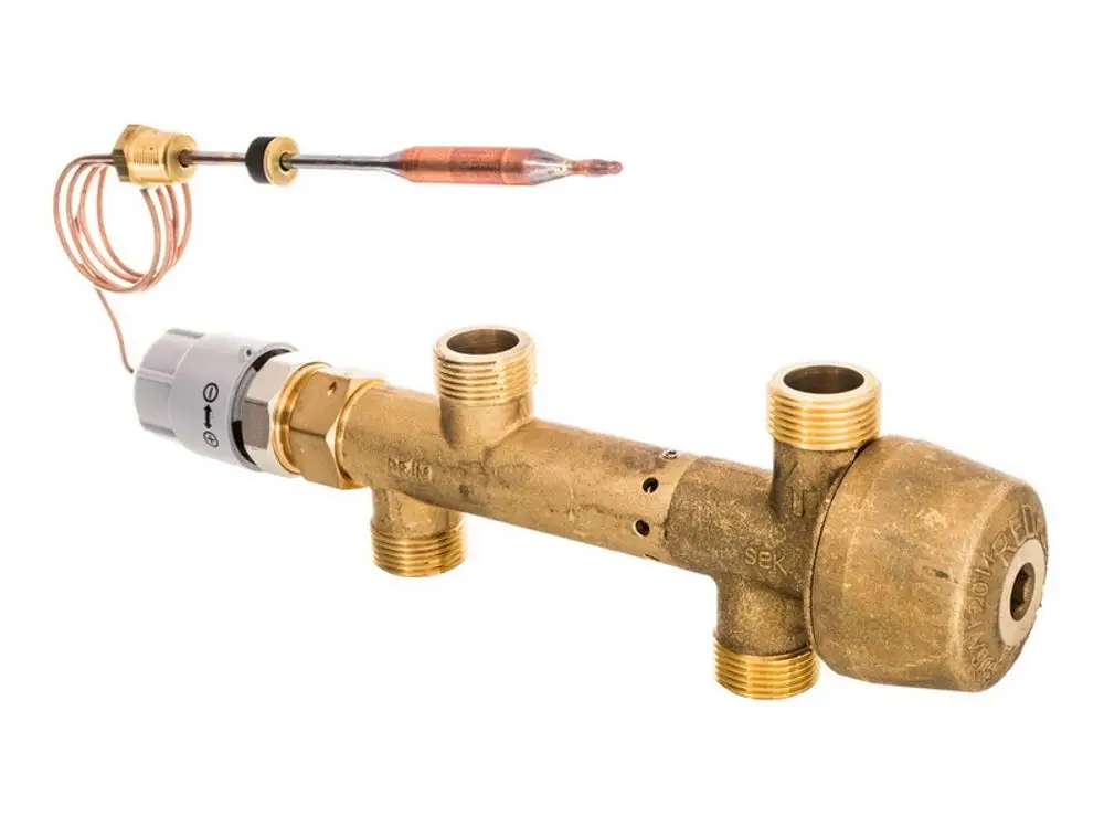 Danfoss PTC-Regler mit ICV Thermostat, bestehend aus einem Messkörper aus Messing und einer Temperaturfühler-Sensorleitung, zur Steuerung von Heizsystemen.